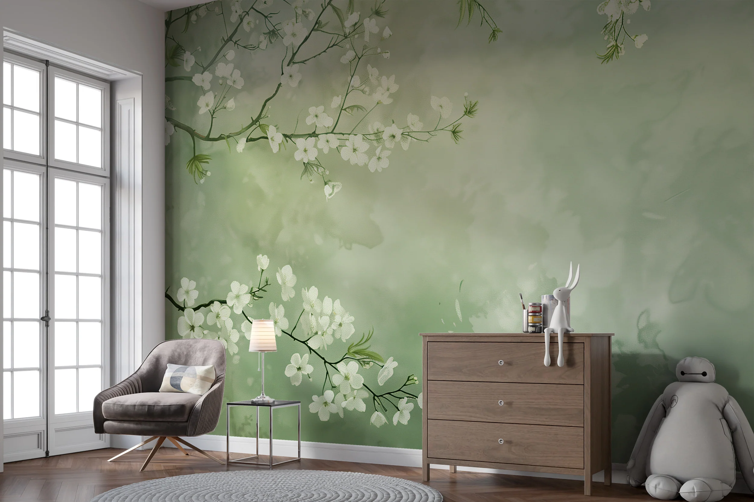 Hue Palette Wallpapers -Hue Palette Wallpapers 4 WN150 soft green plaster white cherry blosson wallpaper